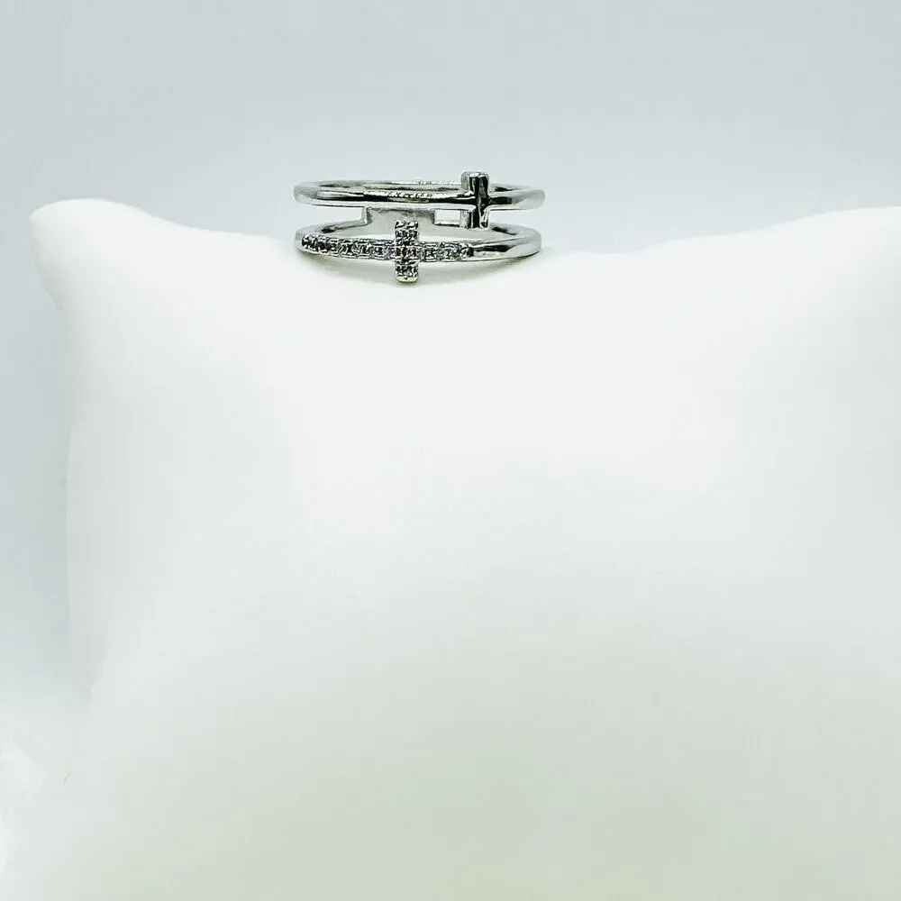 Silver Double Cross Rhinestones Ring Size 6
